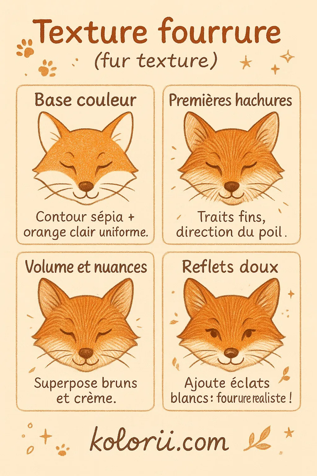 Technique coloriage adulte texture fourrure gratuit - Maîtrisez l'art de reproduire une fourrure réaliste avec des traits fins et directionnels. Superposez plusieurs couches de couleurs en respectant le sens du poil, variez la pression et créez des zones de lumière pour donner vie à vos animaux avec un rendu doux et naturel. - Intermédiaire 4 étapes