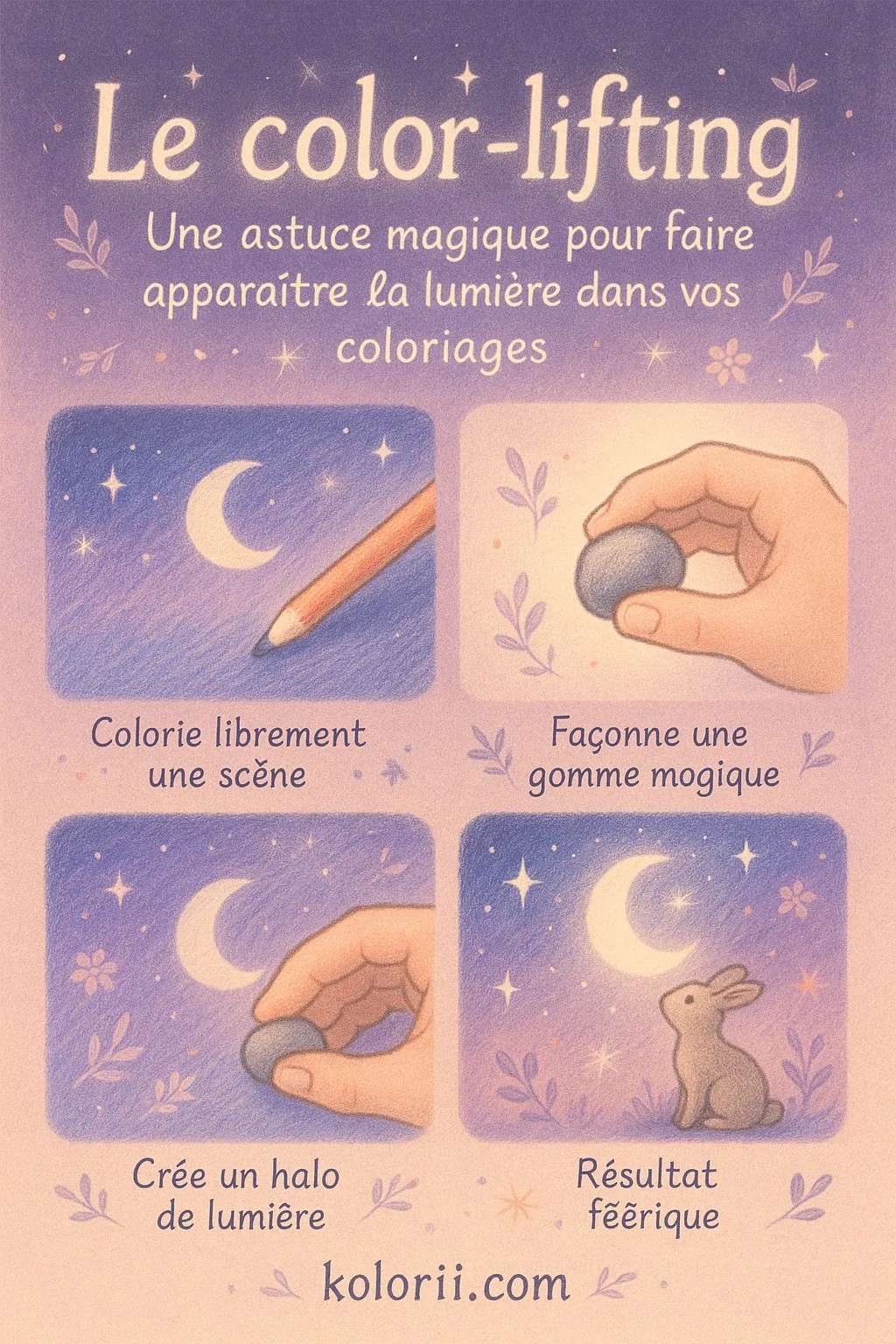 Technique coloriage adulte color lifting gratuit - Technique avancée permettant d'éclaircir sélectivement certaines zones déjà coloriées. Utilisez un crayon blanc ou une gomme mie de pain pour retirer délicatement la couleur et créer des zones lumineuses, des reflets et des effets de brillance réalistes. - Intermédiaire 4 étapes