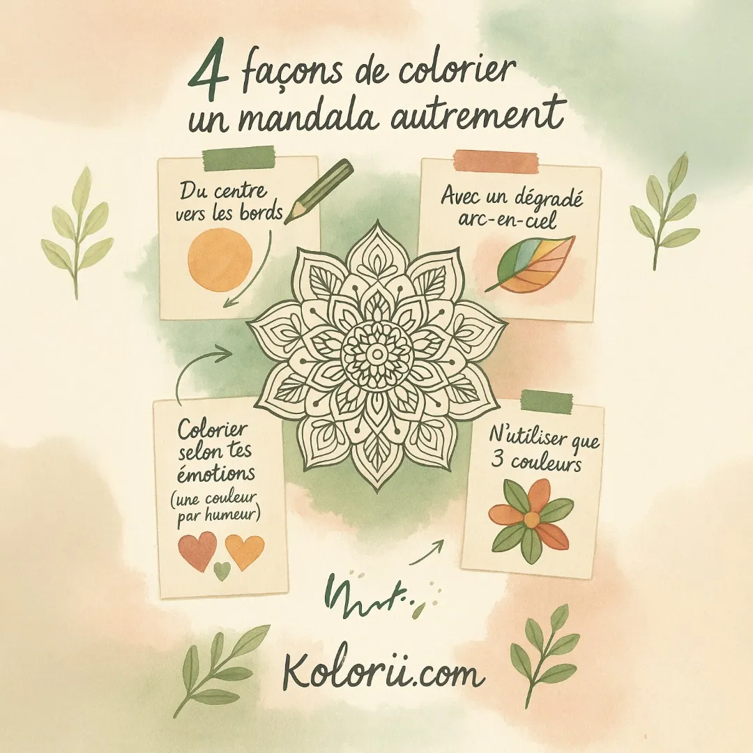 Technique coloriage adulte colorier un mandala gratuit - Découvrez comment choisir et harmoniser vos couleurs pour créer un mandala équilibré. Apprenez à alterner couleurs chaudes et froides, à respecter la symétrie et à créer des transitions douces entre chaque section du motif. - Débutant 4 étapes