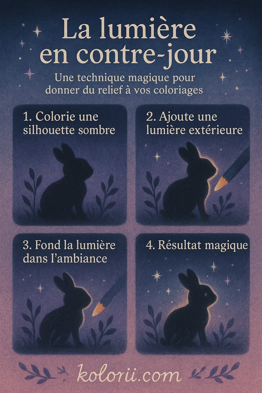Technique coloriage adulte lumière en contre-jour gratuit - Créez des silhouettes dramatiques baignées de lumière arrière. Apprenez à assombrir l'objet principal tout en illuminant intensément l'arrière-plan, puis à ajouter un halo lumineux subtil autour des contours pour cet effet cinématographique saisissant et professionnel. - Intermédiaire 5 étapes