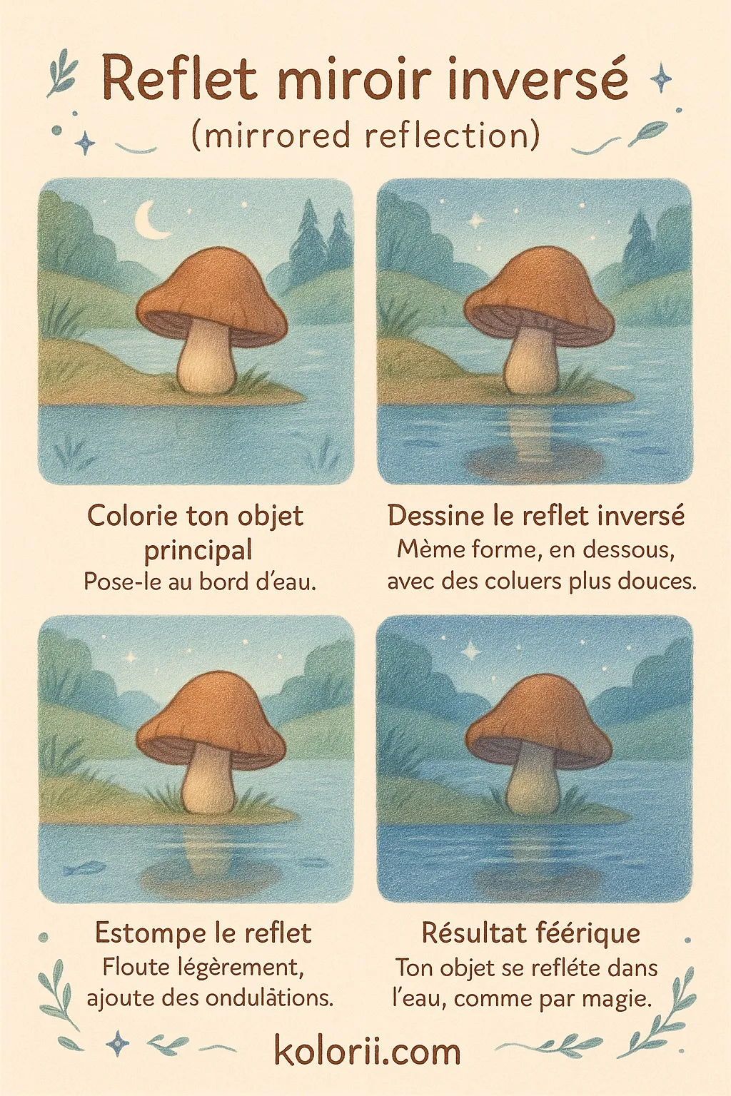 Technique coloriage adulte reflet miroir inversé gratuit - Technique complexe pour créer des reflets symétriques inversés sur l'eau ou le verre. Apprenez à dupliquer votre motif en miroir avec légère distorsion, à atténuer les couleurs du reflet et à ajouter des ondulations pour un effet aquatique crédible et fascinant. - Avancé 5 étapes