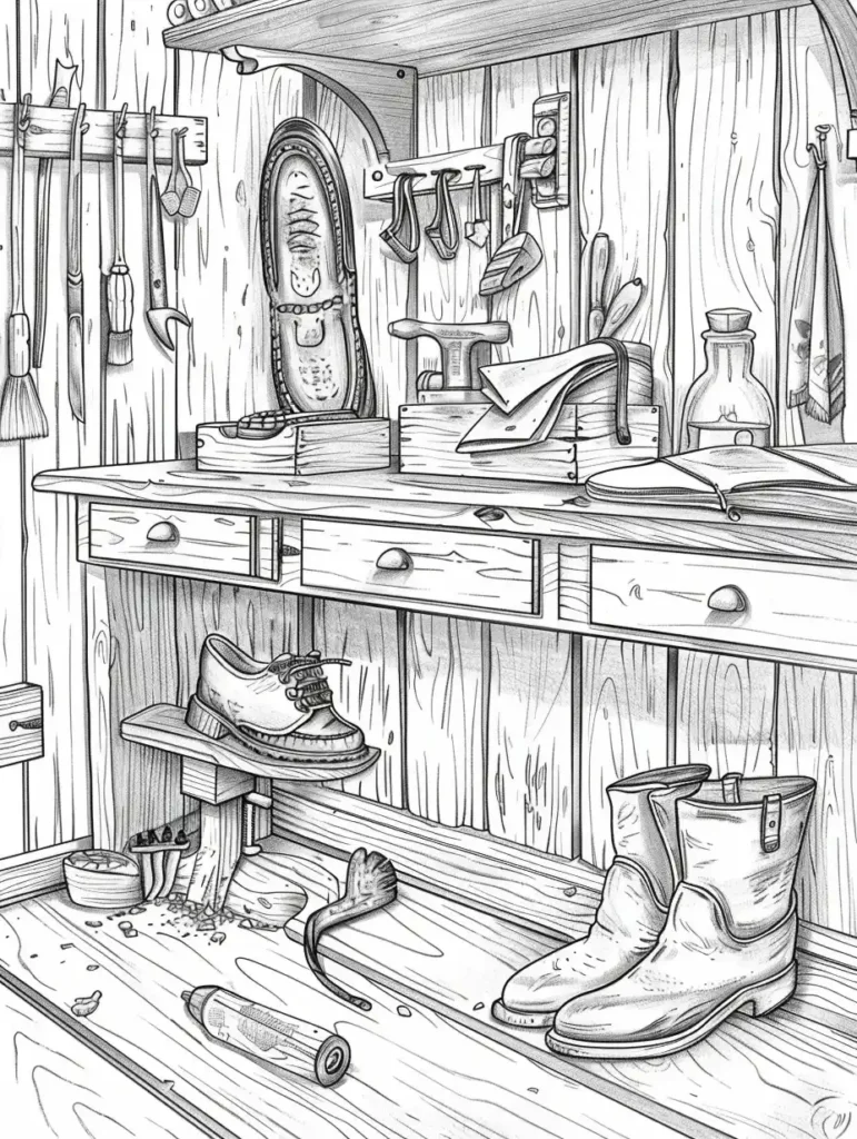Coloriage représentant un atelier avec des outils et des objets, à colorier pour adultes.