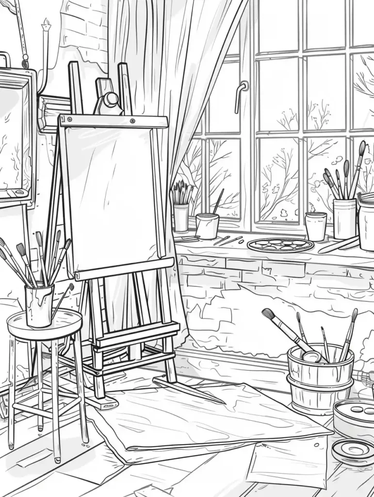 Coloriage pour adulte représentant un atelier artistique avec un chevalet, des pinceaux et des fenêtres montrant un paysage hivernal.