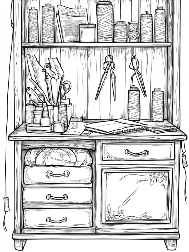 Coloriage représentant un établi de couture avec des rouleaux de fil, des outils de bricolage et des motifs délicats, idéal pour les adultes.