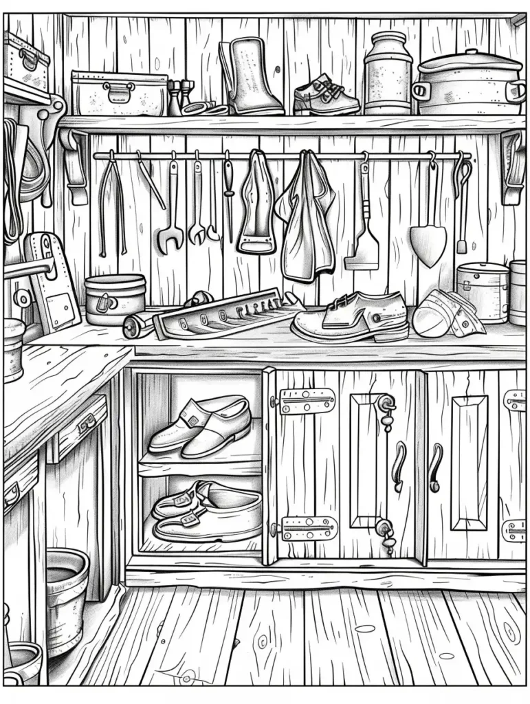 Coloriage d'un atelier de cordonnier avec des outils et des chaussures, prêt à être colorié par des adultes.