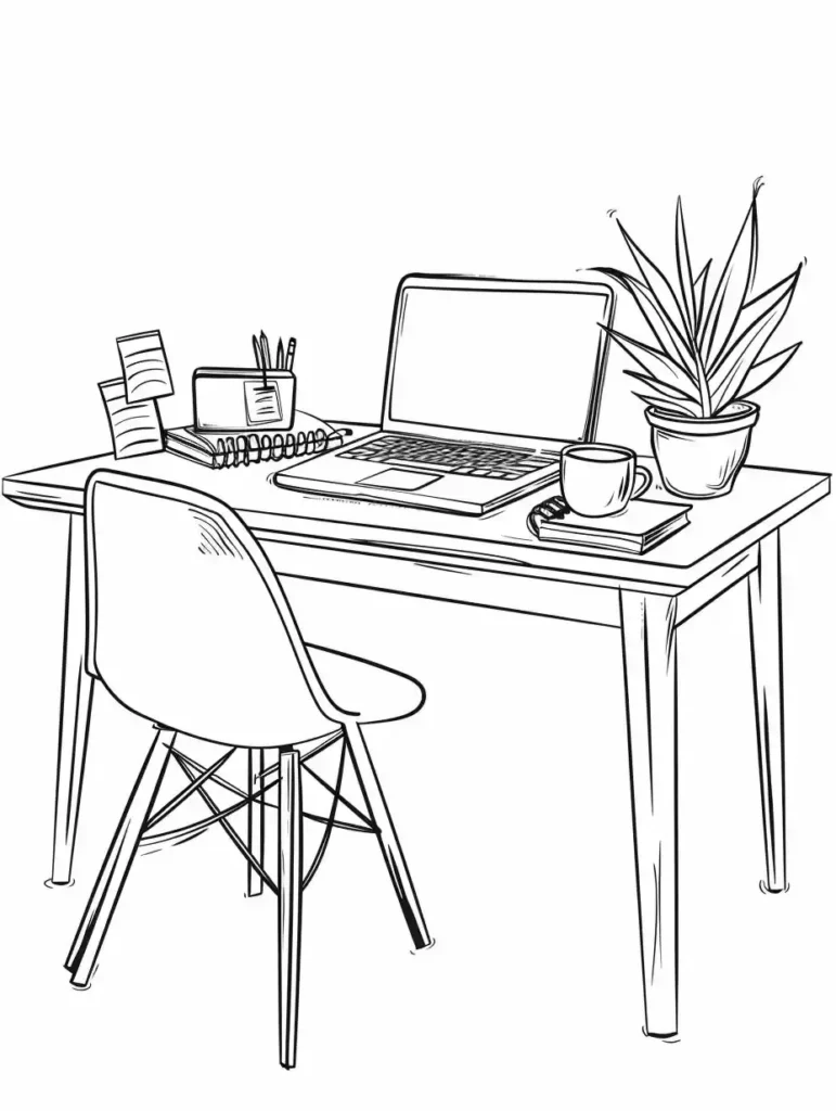 Coloriage d'un bureau moderne avec ordinateur, carnet, et plante.