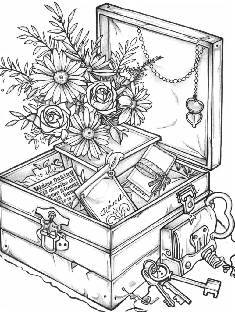 Coloriage d'une caisse artisanale ornée de motifs floraux, avec des fleurs délicates visibles à l'intérieur et des objets mystérieux comme une clé et un cadenas.