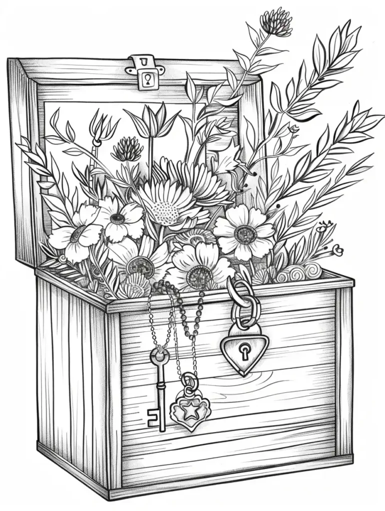 Coloriage d'une caisse artisanale ornée de motifs floraux, avec des fleurs délicates visibles à l'intérieur et des objets mystérieux comme une clé et un cadenas.