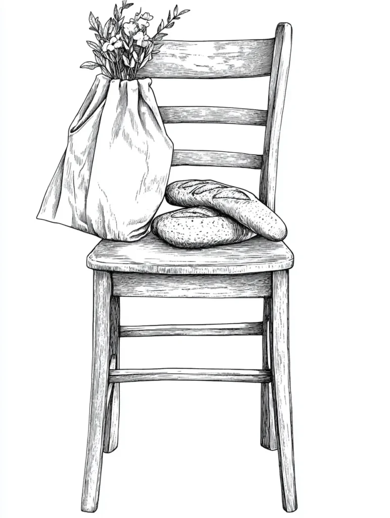 Coloriage d'une chaise en bois avec des pains dorés et une sacoche remplie de fleurs sauvages, à imprimer pour les adultes.