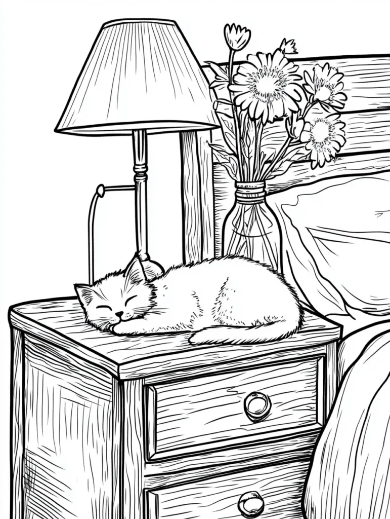 Coloriage représentant une chambre paisible avec un chaton et une lampe de chevet.