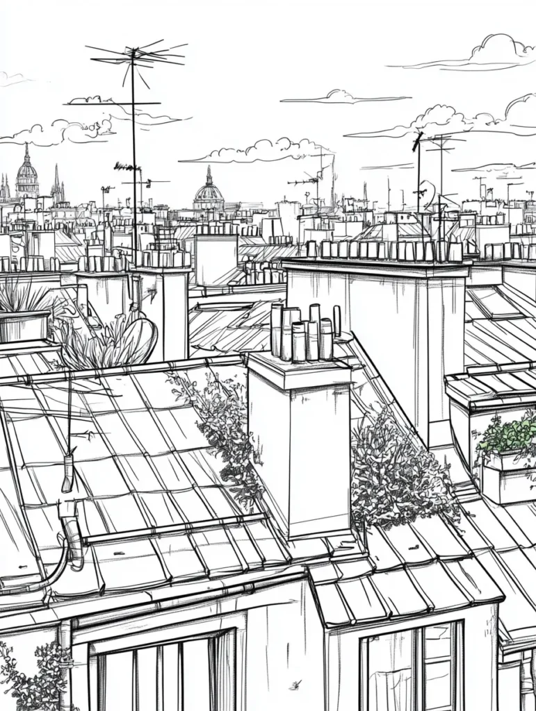 Coloriage représentant un paysage urbain avec vue sur des toits de ville, idéal pour les adultes.