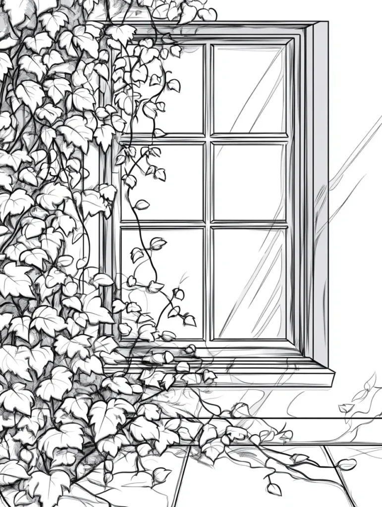 Coloriage représentant une fenêtre encadrée entourée de lierre, avec des carreaux nets et un reflet subtil sur la vitre, idéal pour les adultes.