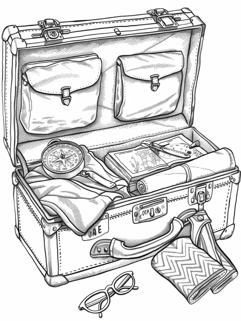 Coloriage d'une valise ouverte, remplie d'objets de voyage comme un compas, une étoffe et des accessoires, pour un coloriage magique pour adulte.