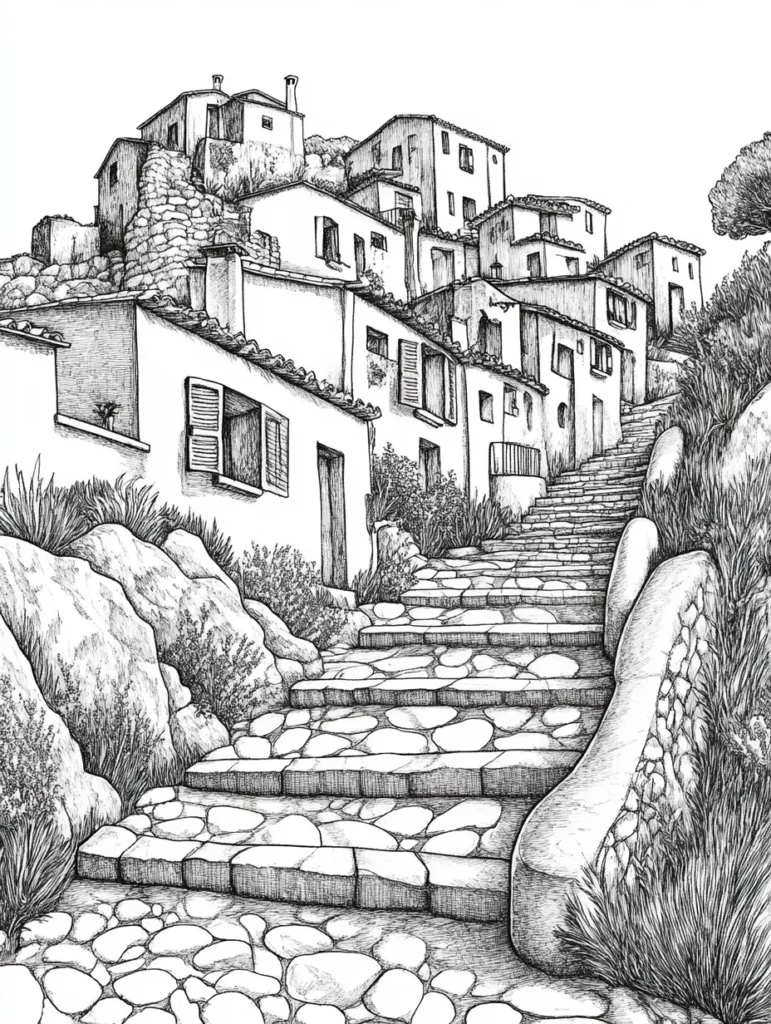 Coloriage d'un paysage de village pittoresque avec des maisons côtières et un escalier en pierres.