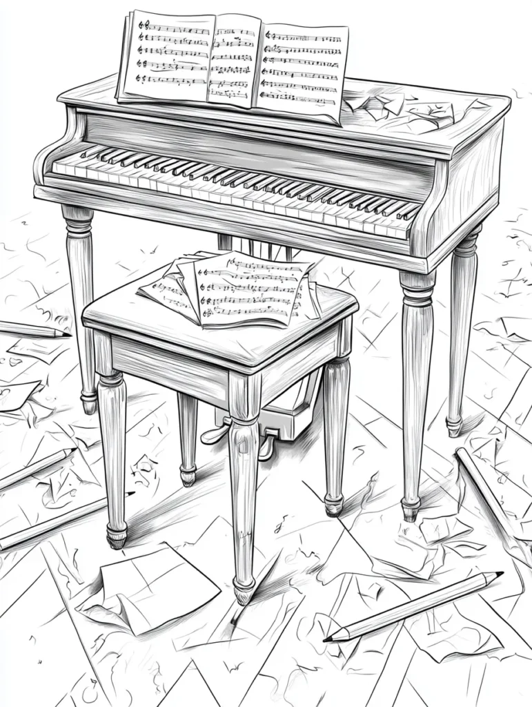 Coloriage pour adulte d'un piano à queue en bois sous un éclairage subtil, entouré de feuilles de papier froissées et d'un crayon.