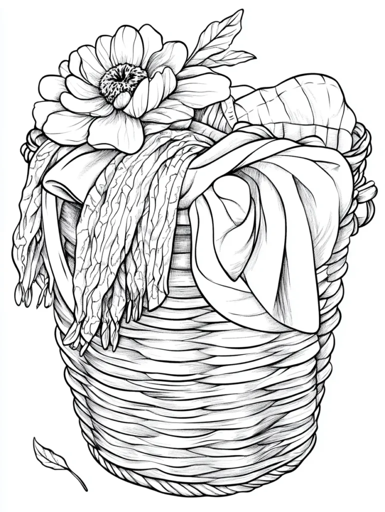 Coloriage de panier en osier rempli de fleurs et de tissus, idéal pour les adultes.