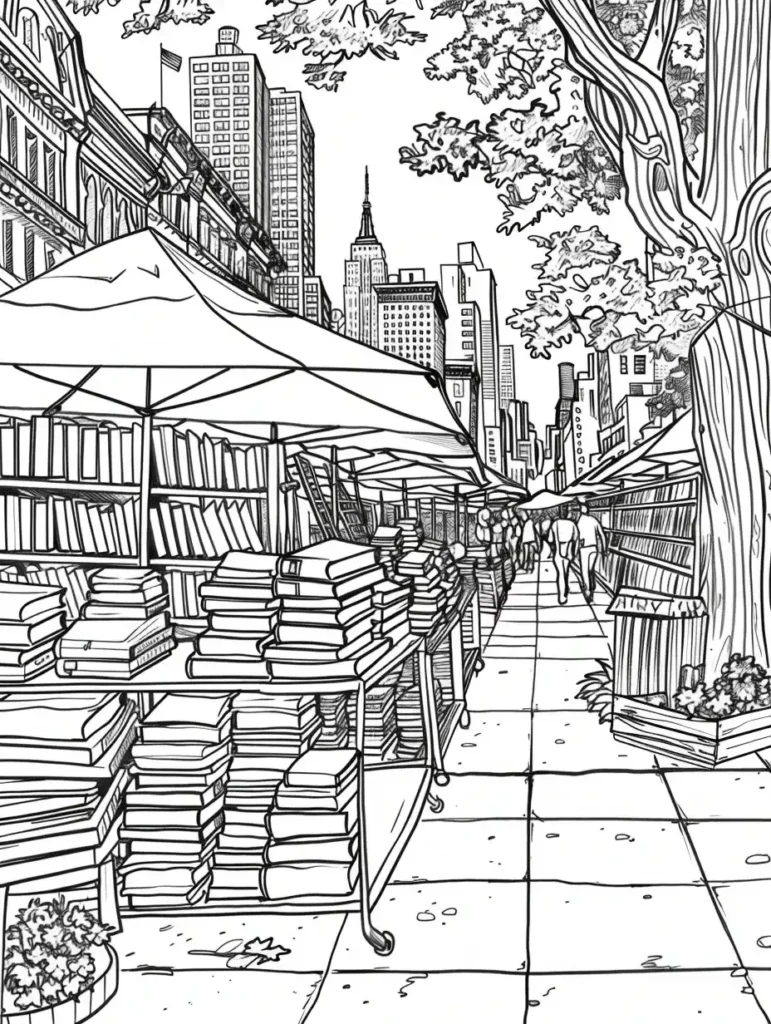 Coloriage représentant un marché en plein air avec des étals de livres et des piétons, incluant l'Empire State Building en arrière-plan.