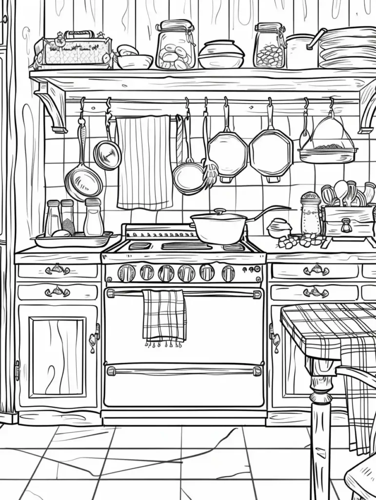 Coloriage pour adulte représentant une cuisine typique avec des meubles, des ustensiles et des bocaux en verre.