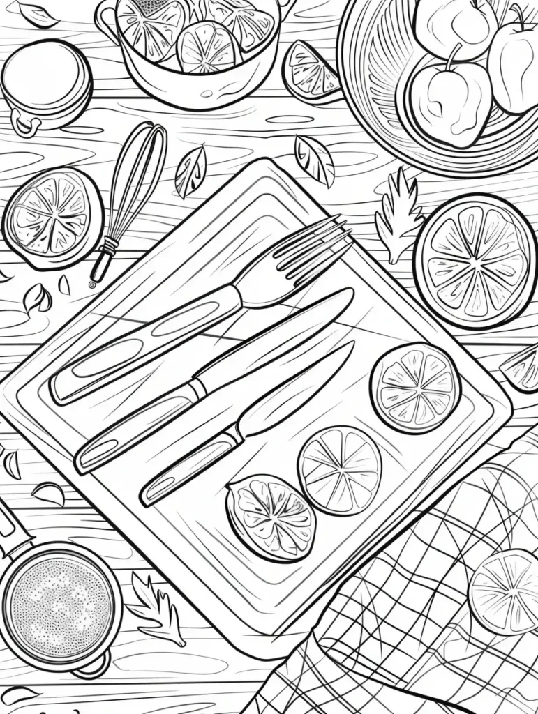 Coloriage magique pour adulte représentant des aliments sur une table en bois, incluant un plateau avec des couteaux, des rondelles de citron, et des fruits colorés.