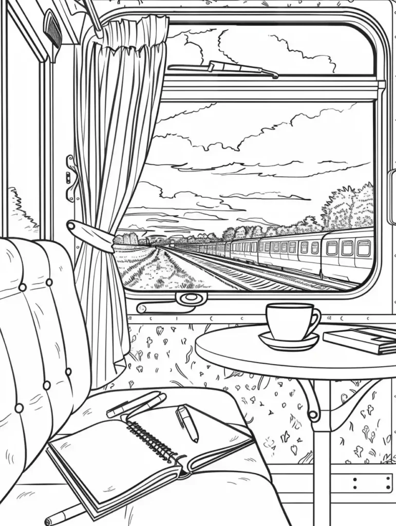 Coloriage représentant l'intérieur d'un train avec une vue sur le paysage extérieur.