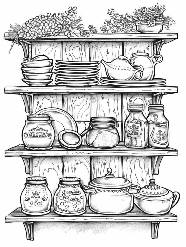 Coloriage représentant une étagère en bois rustique avec des objets de cuisine et de décoration, incluant des assiettes blanches, des bocaux, et une théière ornée de motifs.