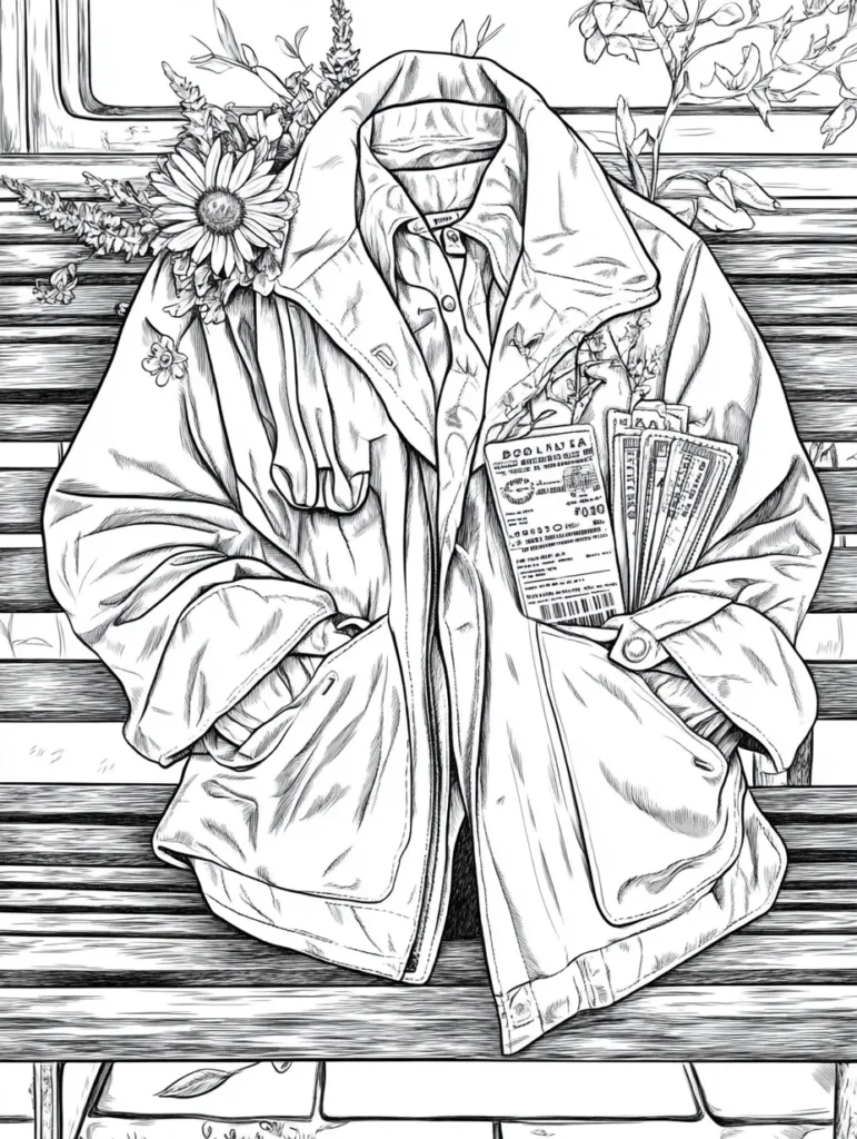 Coloriage pour adulte représentant un manteau posé sur un banc, entouré de fleurs et de feuillage, parfait pour une activité relaxante.