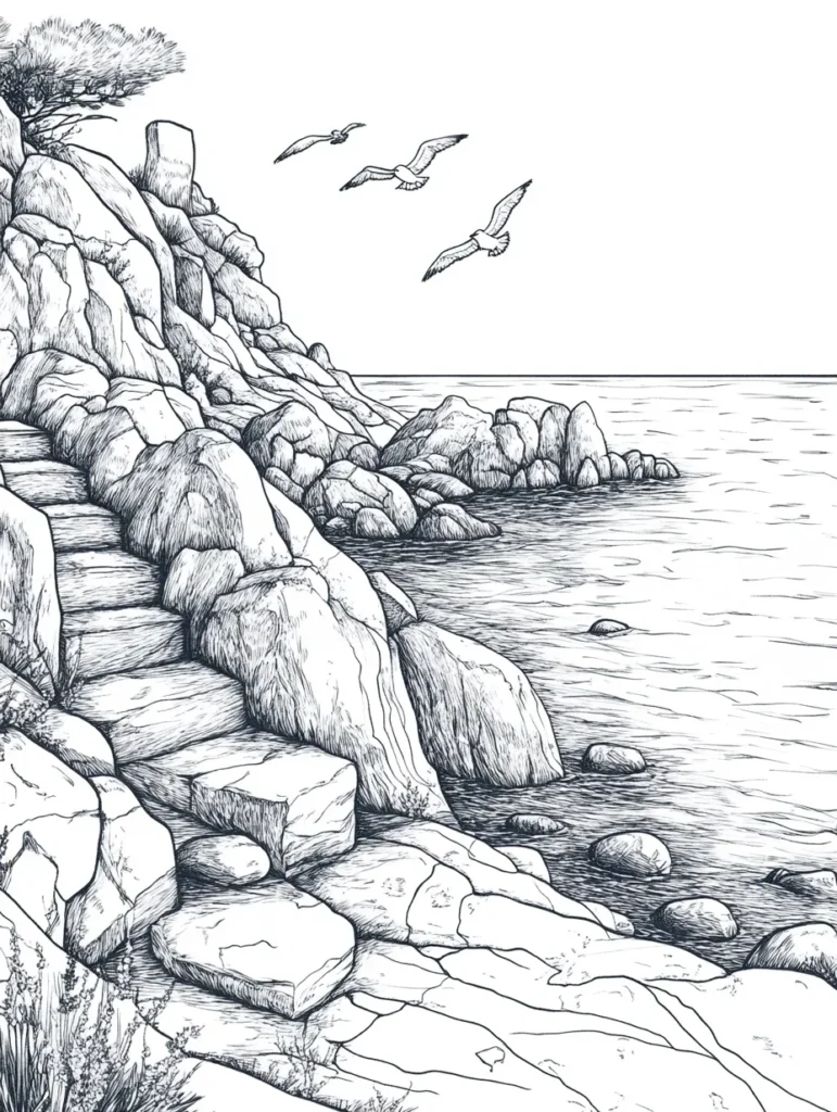 Coloriage représentant un paysage côtier avec des rochers et un arbre, parfait pour les adultes.