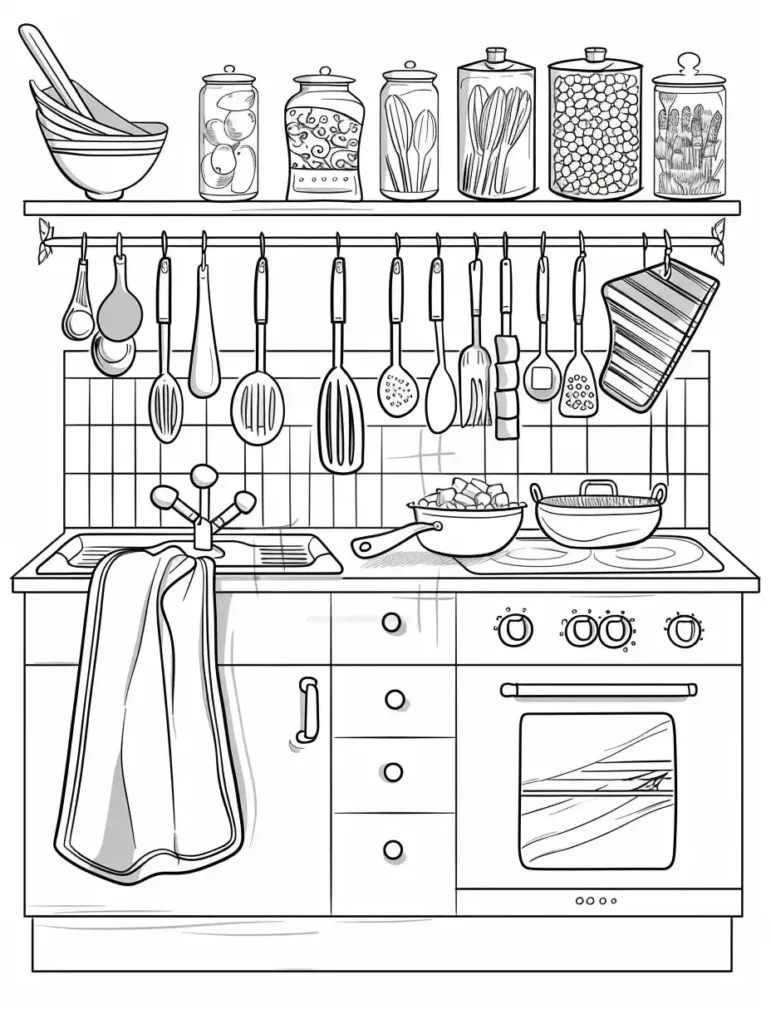 Coloriage d'une cuisine détaillée avec des ustensiles de cuisine, des bocaux et des casseroles.