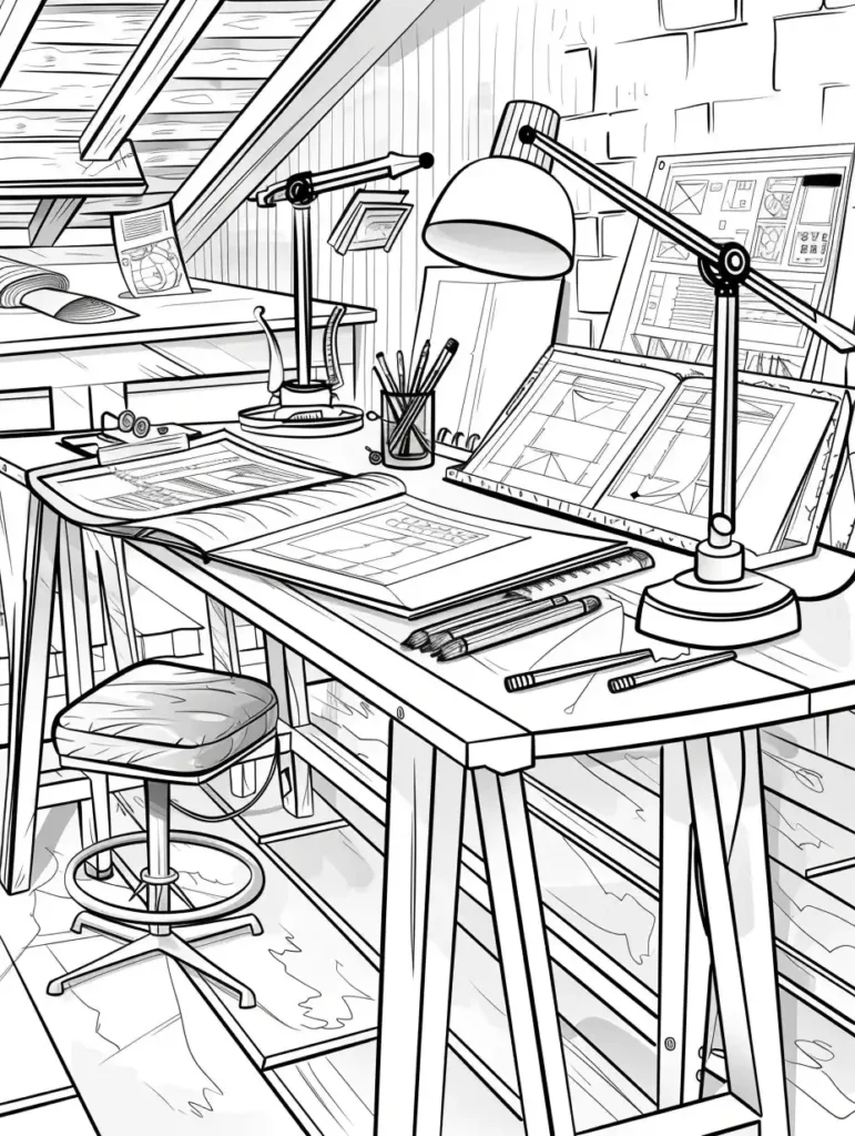 Coloriage représentant un espace de travail intérieur avec un bureau en bois, des fournitures de dessin et des lampes, idéal pour les adultes qui aiment dessiner.