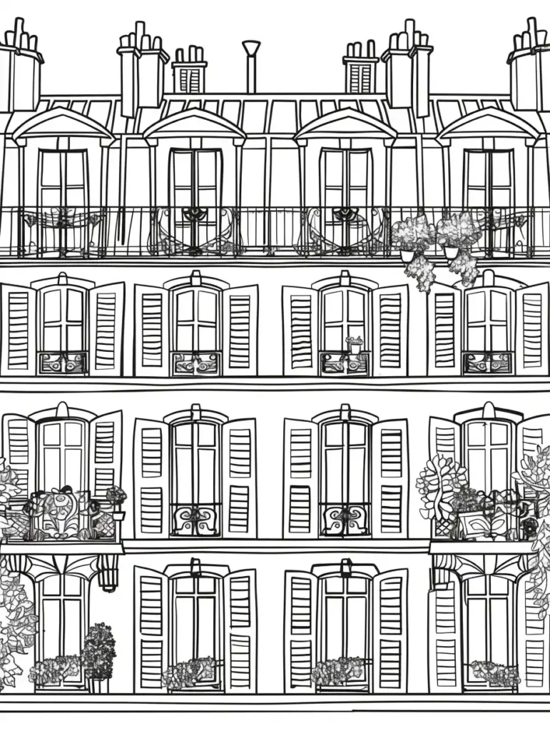 Coloriage détaillé d'une façade de bâtiment typique à Paris avec des fenêtres et des balcons ornés de fleurs.
