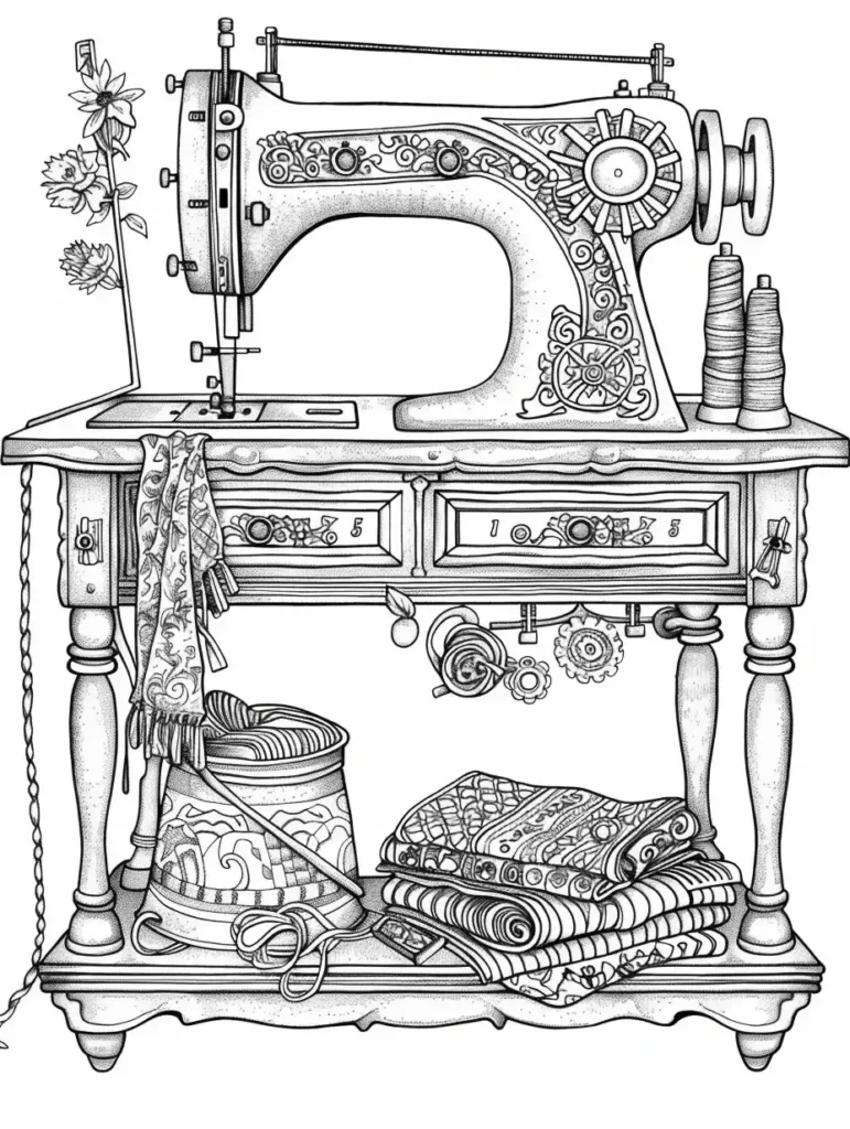 Coloriage magique pour adulte représentant une machine à coudre ancienne, avec des détails décoratifs et des tissus colorés à inclure.