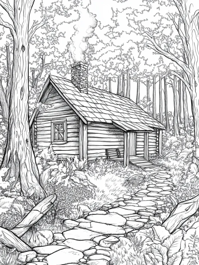 Coloriage en noir et blanc d'une maison en bois entourée d'une forêt dense, avec un chemin en pierres et une pelouse verte.