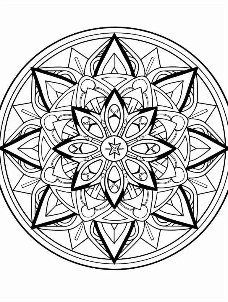 Coloriage d'un mandala complexe avec motifs floraux et géométriques.