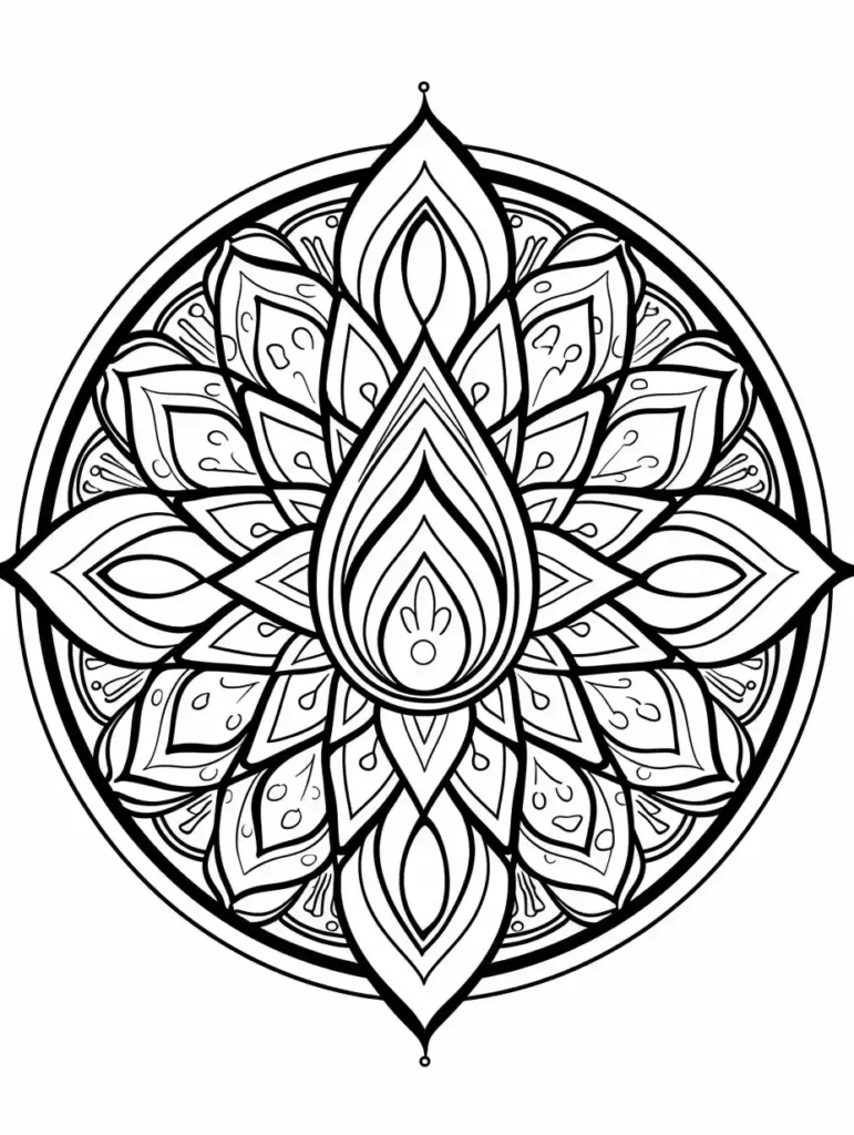 Coloriage d'un mandala avec un motif floral et des détails stylisés, idéal pour la méditation et la créativité.