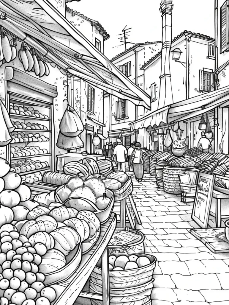 Coloriage représentant un marché en plein air avec des étals de fruits et légumes.