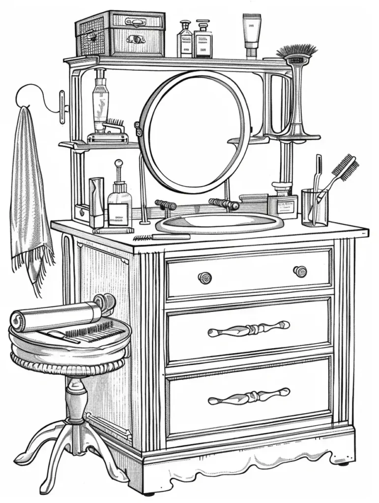 Coloriage magique pour adulte représentant un meuble de salle de bain vintage avec miroir, étagères et accessoires de beauté.