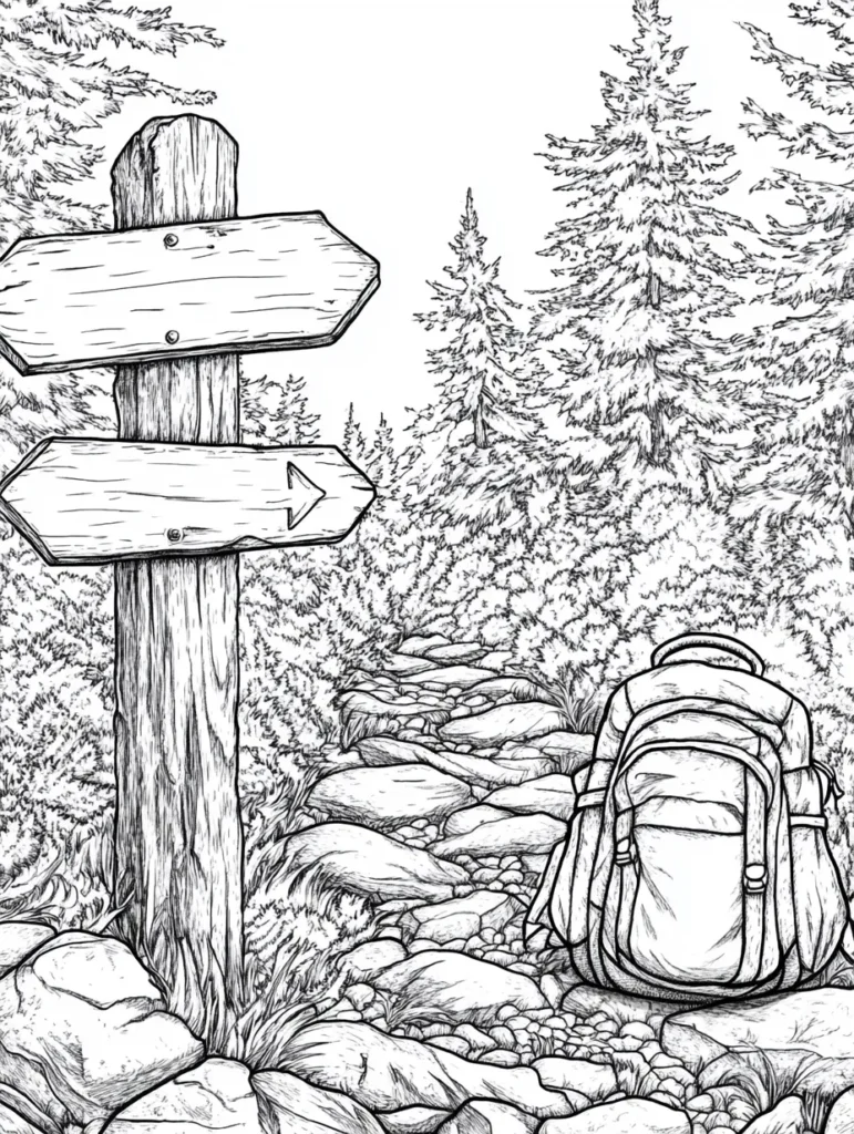 Coloriage de paysage naturel montrant un chemin sinueux, un panneau en bois et un grand sac à dos devant une forêt de conifères.