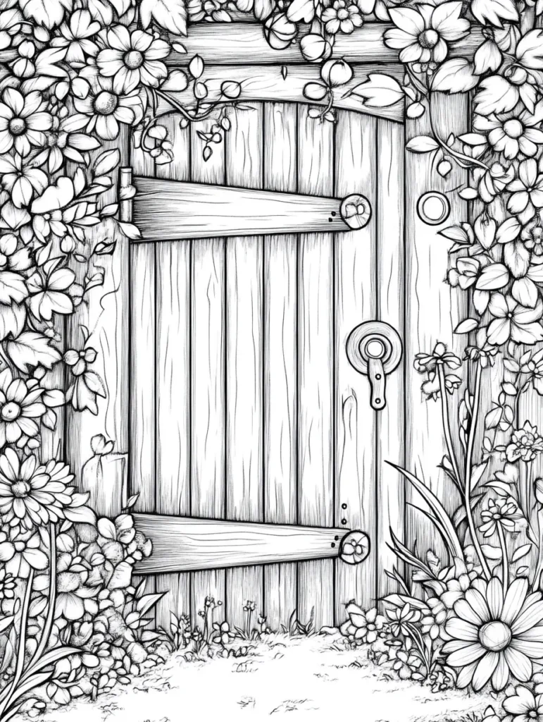 Coloriage d'une porte en bois ancienne entourée de fleurs et de végétation, créée pour les amateurs de coloriage pour adulte.