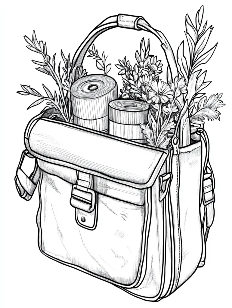 Coloriage représentant un sac en bandoulière ouvert rempli de rouleaux de tissu, de fleurs et de feuillages.