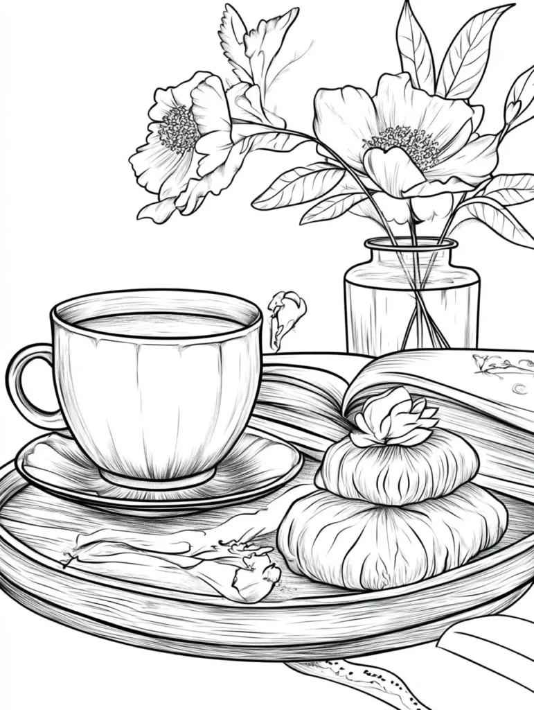 Coloriage pour adulte de scène avec tasse de thé, pâtisserie et fleurs