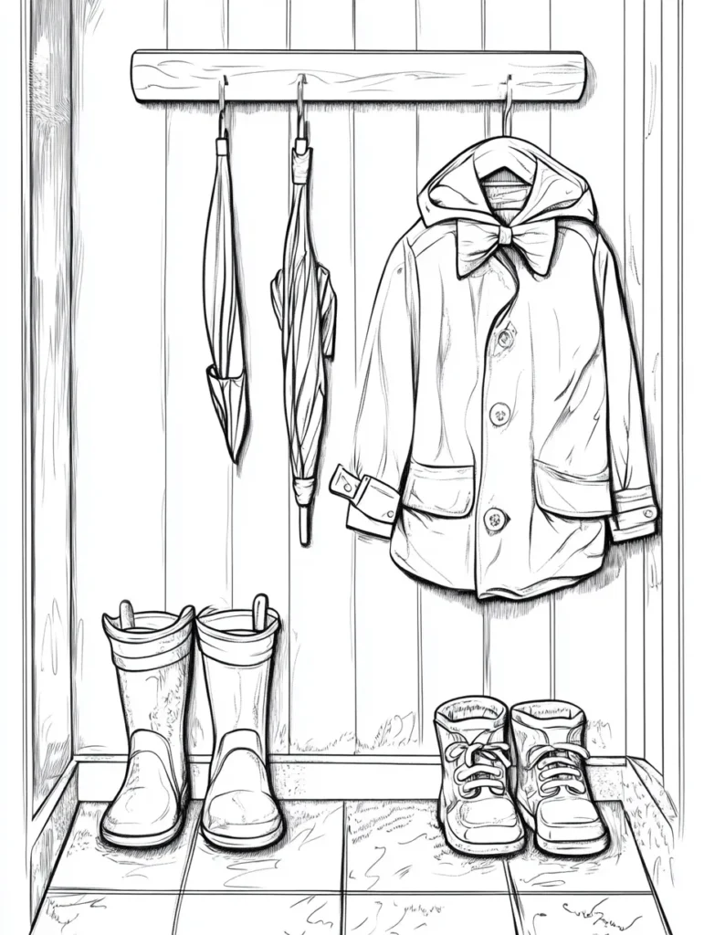 Coloriage en noir et blanc d'un vestibule avec parapluies, manteau et chaussures pour adulte.