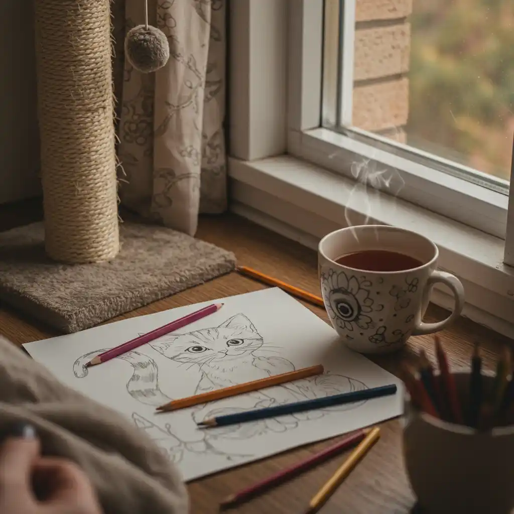 Coloriage d’un chaton sur une table dans une chambre confortable, avec crayons de couleur et une tasse de tisane