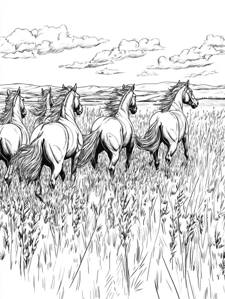 Coloriage représentant des chevaux courant à travers un champ luxuriant, idéal pour les adultes.