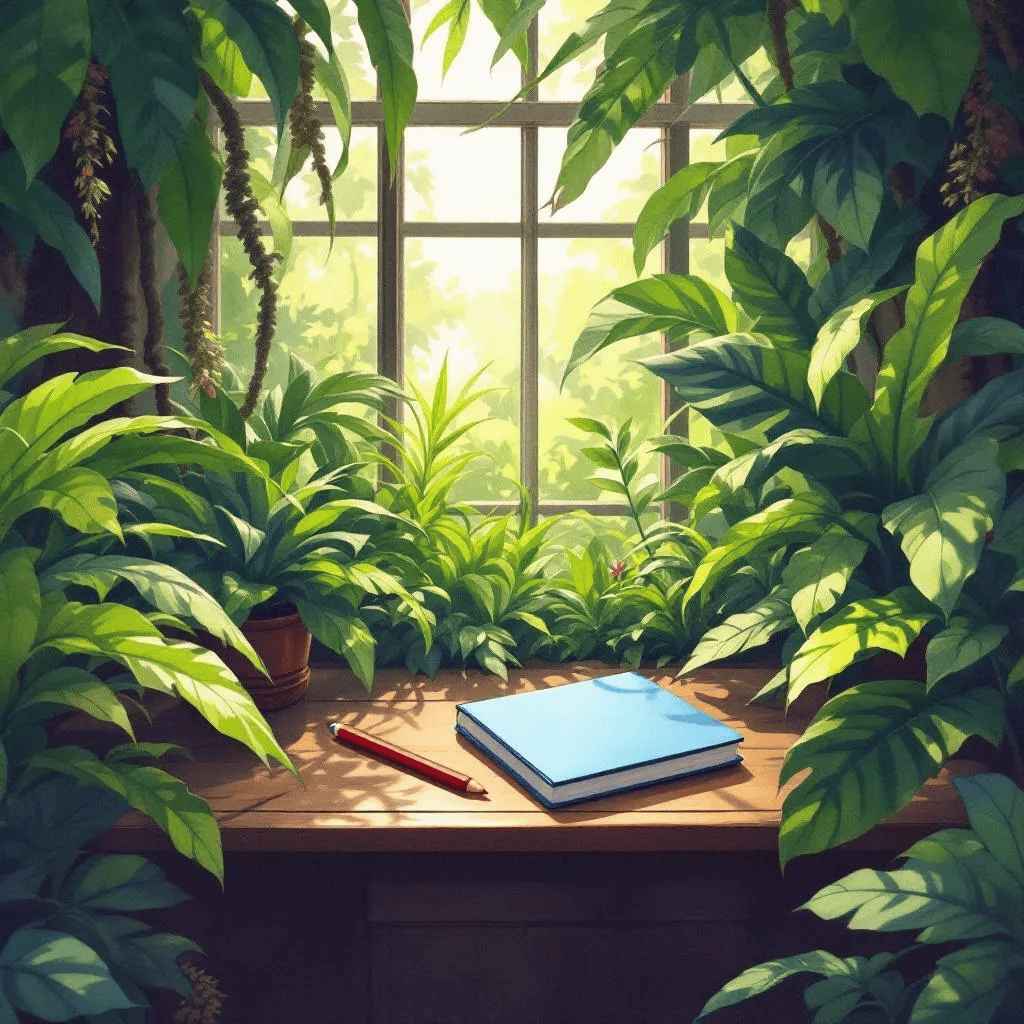 Une serre botanique avec des plantes vertes et un carnet bleu sur une table, illuminée par des rayons de soleil.
