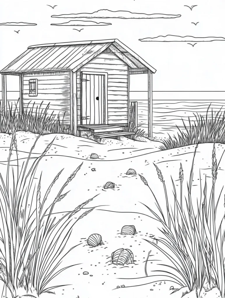 Coloriage représentant une scène de paysage au bord de la mer avec un chalet en bois, des herbes côtières, et une ambiance sereine.