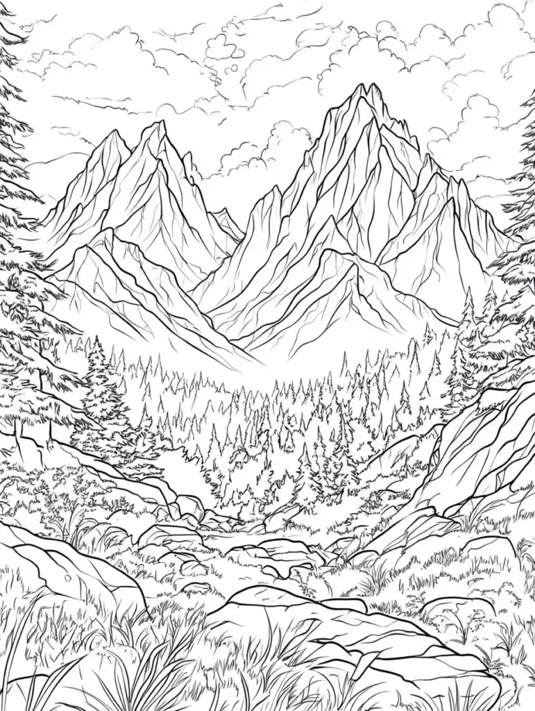 coloriage paysage de montagne à imprimer