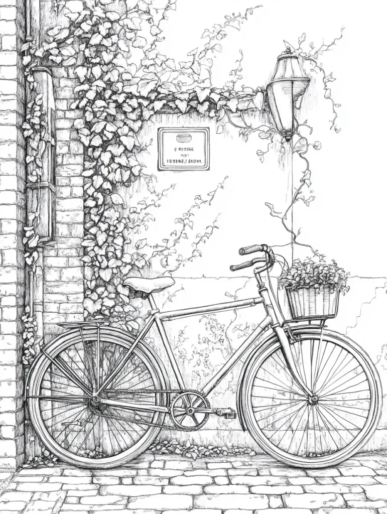 Coloriage représentant un décor urbain avec une bicyclette ancienne, un mur en briques et des lierres, conçu pour le coloriage de paysage pour adulte.