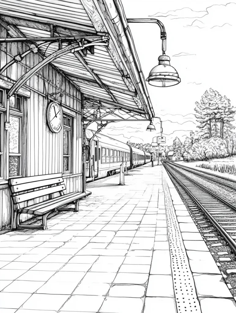 Coloriage représentant une gare dessinée au trait, avec des éléments tels qu'un banc en bois, des rails de train et des arbres en arrière-plan.
