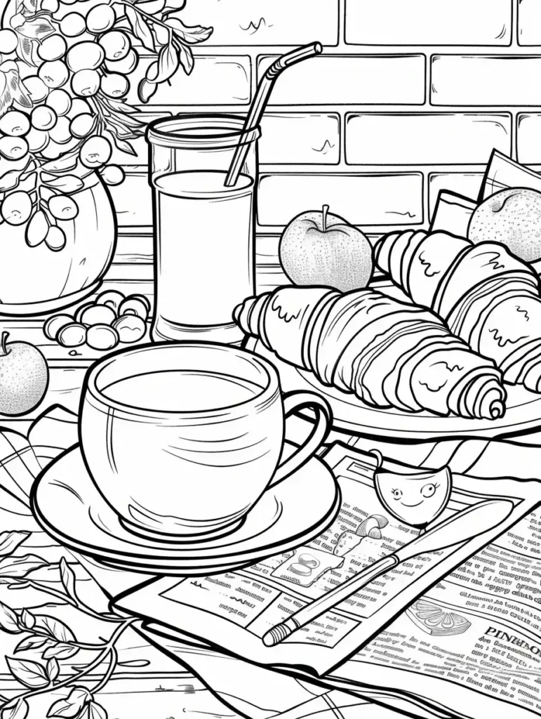 Coloriage magique pour adulte représentant une scène de petit-déjeuner avec une tasse de café, des croissants, des pommes, un verre de jus et des raisins.