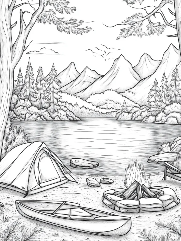 Coloriage d'une scène de camping paisible au bord d'un lac, avec une tente, un canoë et un feu de camp.